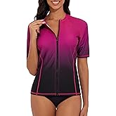 Tournesol Women's Rash Guard Short Sleeve Swim Shirt Zip Front Swim Top UV Sun Protection Swimsuit Top No Bra
