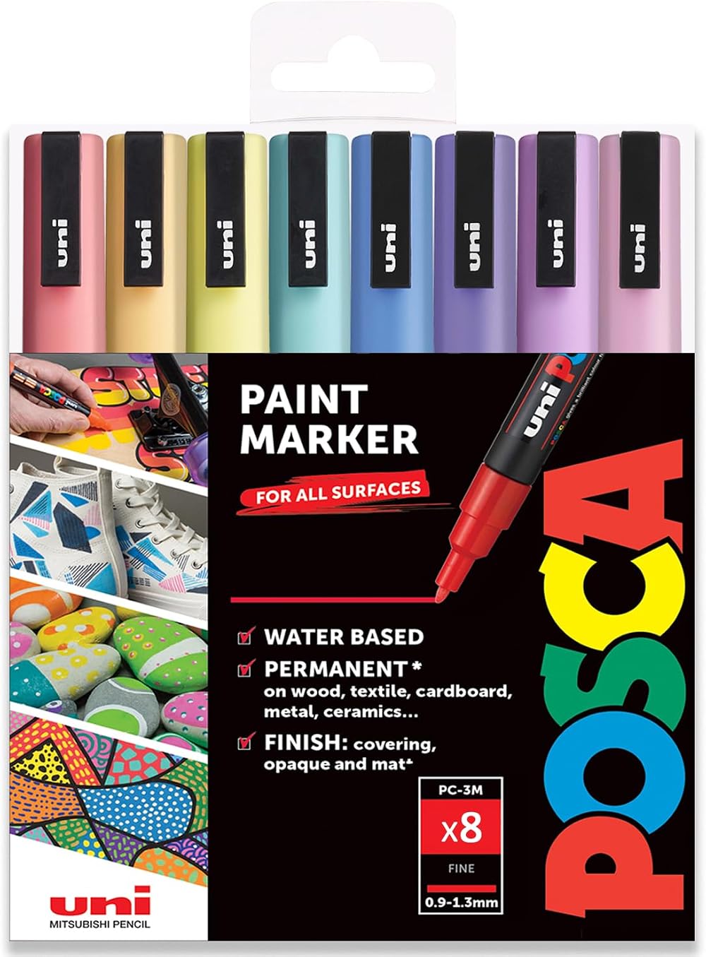 Posca Water Based Permanent Marker Paint Pen PC-3M 0.9-1.3mm Pastel 8pk