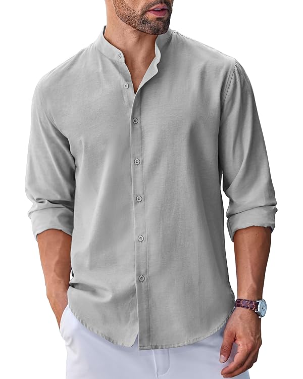 COOFANDY Men's Long Sleeve Oxford Dress Shirts Chambray Button Down Shirt Casual Band Collar Shirts