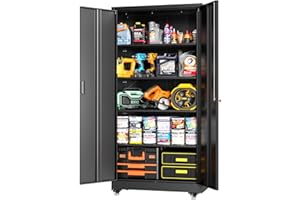 Greenvelly 73" Storage Cabinet with Wheels,Black Metal Rolling Garage Cabinet with Locking Doors and 4 Adjustable Shelves for Home,Kitchen,Office,Warehouse(32" W x 16" D)