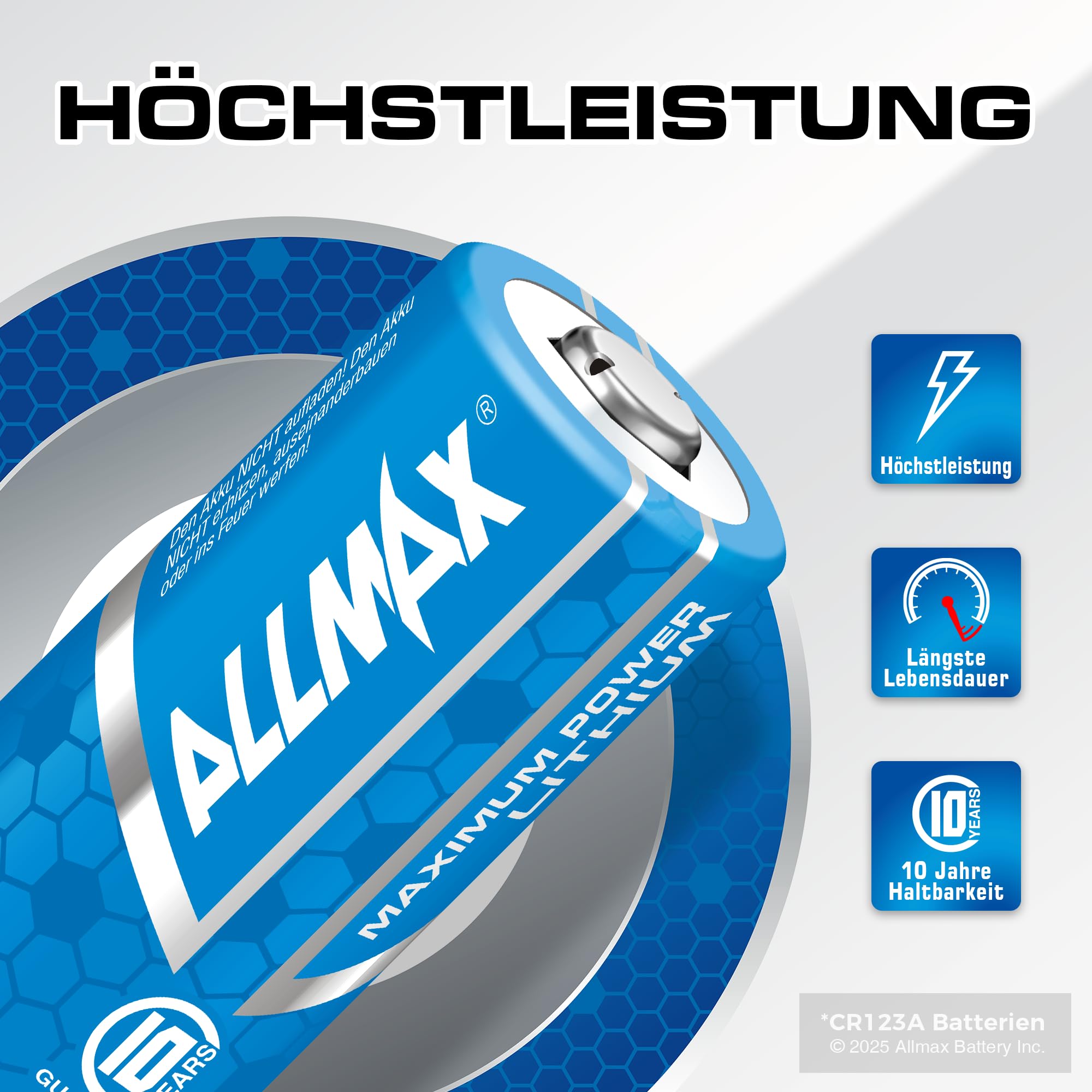 Allmax CR123A Maximum Power Lithium Batterien (6 Stück) – Längste Lebensdauer, auslaufsicher, 10 Jahre Haltbarkeit, ultimative Leistung, perfekt für drahtlose Sicherheitssysteme (3 V) 2