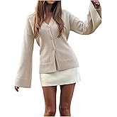 MakeMeChic Women's Y2K Long Bell Sleeve Cardigans Sweater V Neck Button Down Open Front Knit Fall Clothes