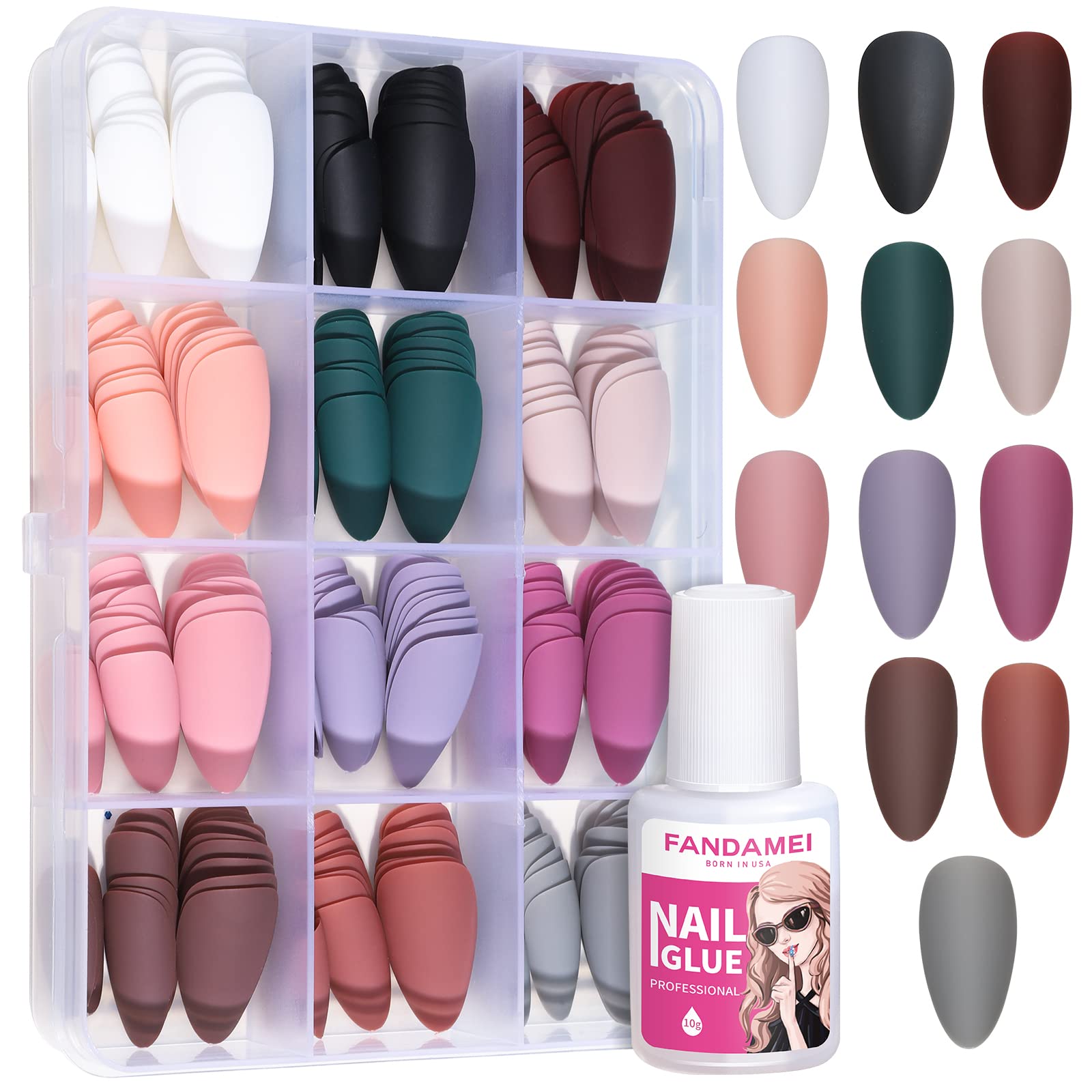 FANDAMEI Press on Nails, 12 Packs 288PCS Matte Press on Nails, Medium Almond Fake Nails Full Cover, Short Almond Glue on Nails with 7g Nail Glue, 12 Solid Color False Nails for Nail Art DIY