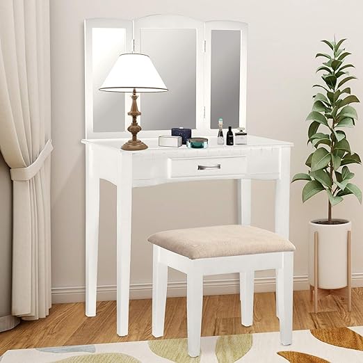 Snow White Harper Bright Designs Vanity Table Set With Cushioned Stool Dressing Table Vanity Makeup Desk Vanity With Mirror With 1 Drawer