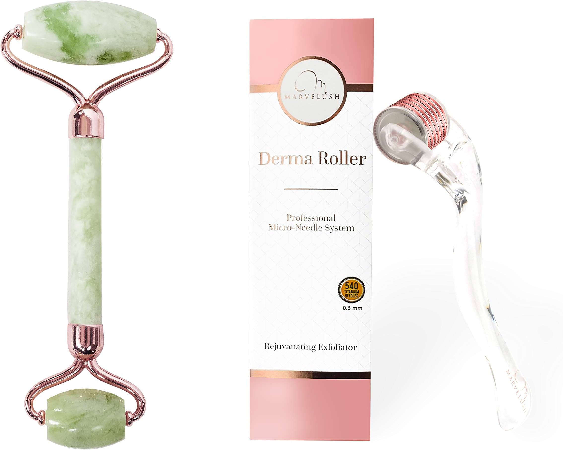Derma Roller, Jade Roller | 5 in 1 Facial Kit | 540 Titanium Microneedles 0.3mm | Ebook | Disinfectant Cup | Travel Bag | ✨ Marvelush Skincare Bundle ✨