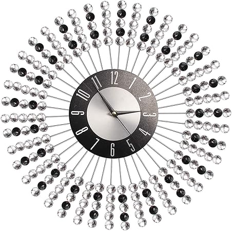 Kingsaid 43cm Clear Black Diamante Beaded Jeweled Wall Clock