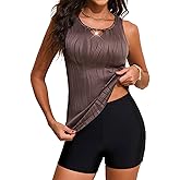 Aleumdr Womens Blouson Tankini Swimsuits Cutout Textured Two Piece Swimsuit with High Waisted Short Modest Bathing Suits