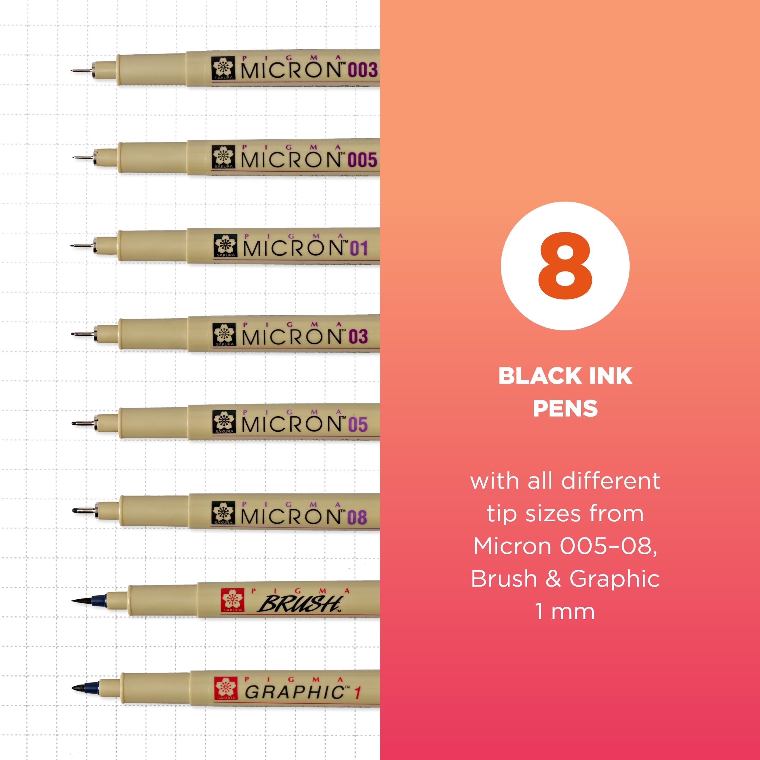 SAKURA Pigma Micron Fineliner Pens - Archival Black Ink Pens - for Writing or Drawing for Artists, Crafters & DIY Gifts Projects - Assorted Point Sizes - 8 Count