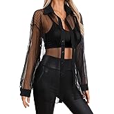 Milumia Women Sexy Oversized Sheer Button Up Blouse Shirt Long Sleeve See Through Mesh Top