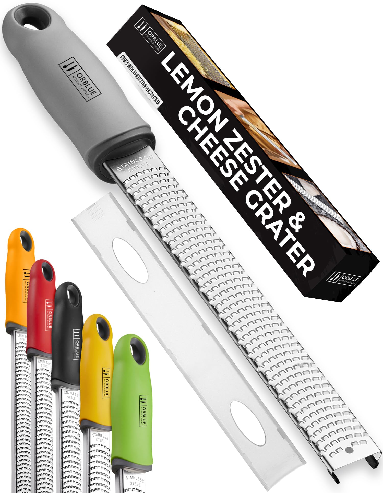 ORBLUE Lemon Zester and Grater – Stainless Steel Citrus Zester Tool for Lemon & Lime, Fine Zesting & Grating for Baking & Cooking - Gray