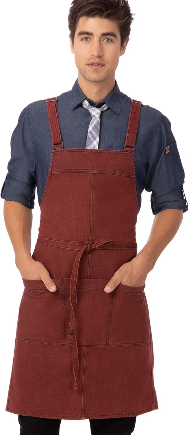 Chef Works Unisex Uptown Cross-Back Bib Apron, Red/Navy, One Size: Clothing