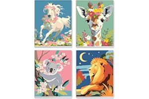 MXJSUA 4 Pack Animals Framed Canvas Paint by Numbers for Kids Adults, Koala Lion Horse Giraffe Paint by Numbers Kit for Child
