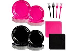 Grencian 96 Pcs Hot Pink and Black Birthday Decorations Hot Pink Party Plates and Napkins Disposable Heavy Duty Pink and Black Tableware Set for Girls Women Birthday Bridal Shower Halloween Party