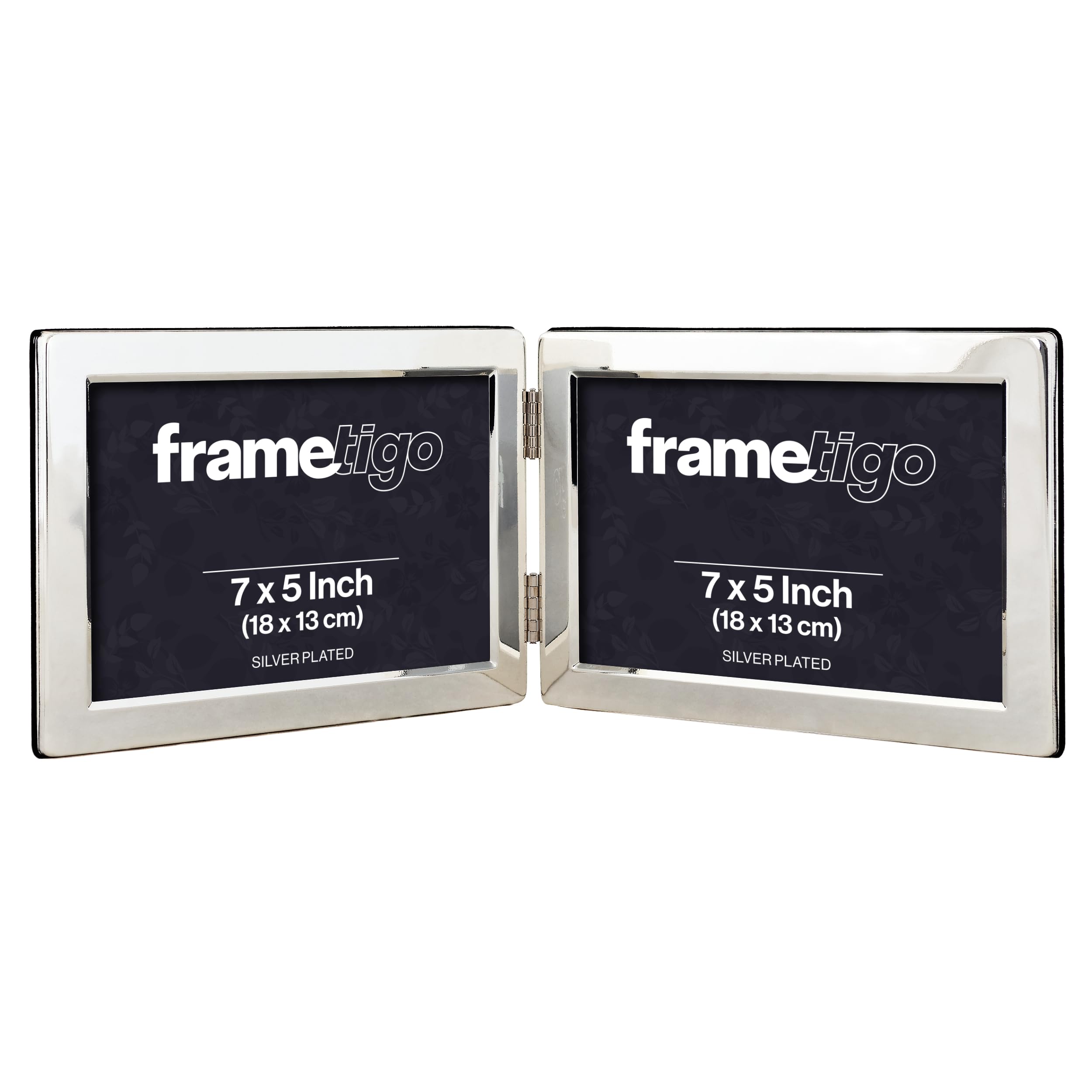 Frametigo - Silver Plated Flat Edge Double Landscape Photo Frame, 7"x5" (18x13cm) Photo Size - Velvet Frame Backing & Stand - Real Glass Window - Traditional Silver Picture Frames - Tarnish Resistant