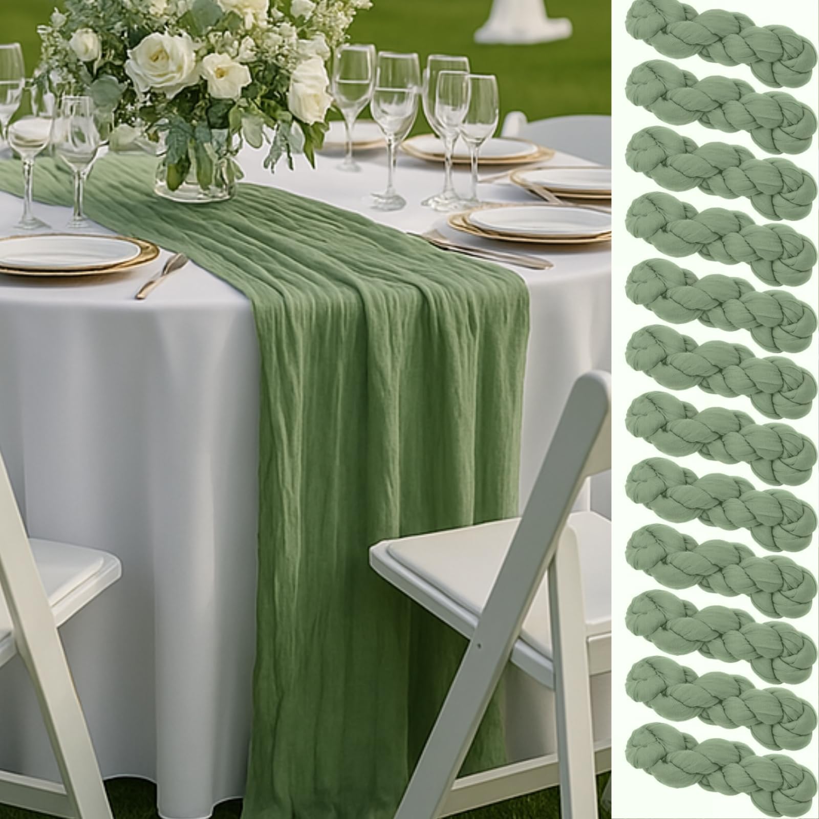 Photo 1 of 12 Pack Sage Green Cheesecloth Table Runners – 10FT Rustic Gauze Bulk Set for Wedding Reception, Woodland Baby Shower, Garden Party, or Boho Spring Event Decor