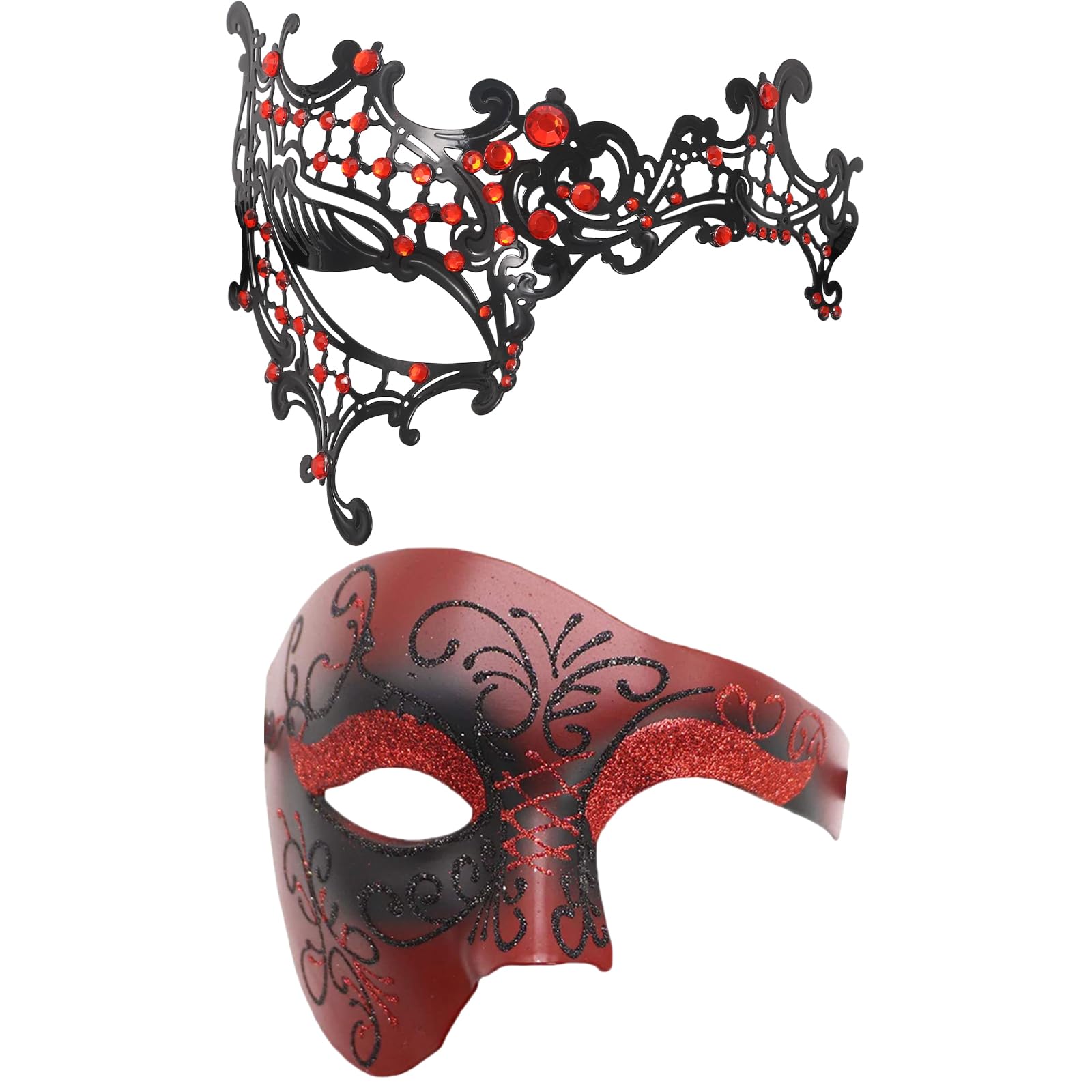 JewelryWe Masquerade Masks for Couples – Red Men Women Venetian Metal Prom Ball Carnival Mardi Gras Cosplay Party Mask Set