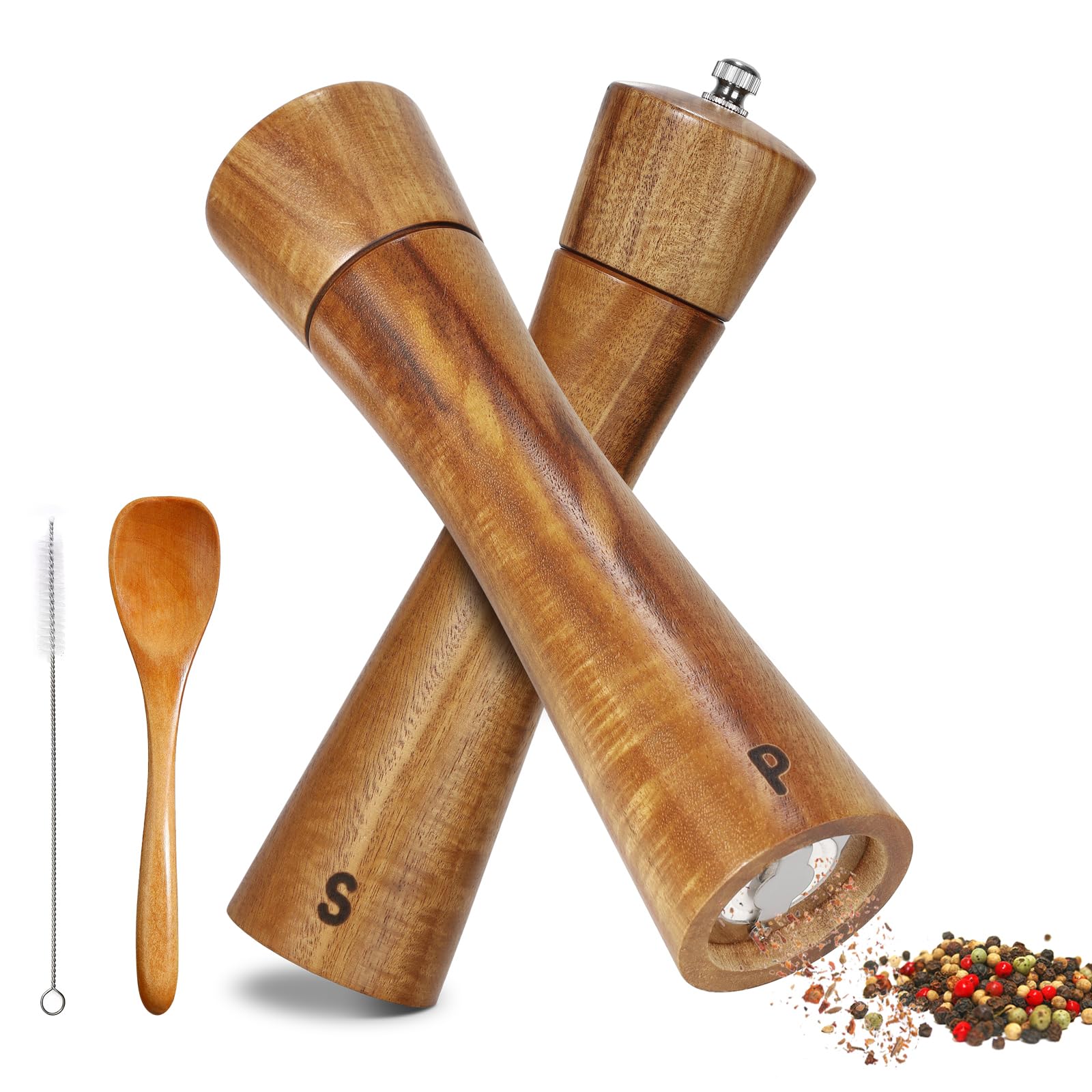 BEZORR Salt and Pepper Grinder Set Adjustable Ceramic Grinders 2 Piece 8 Inches Acacia Wooden Salt & Pepper Mills with Spoon and Brush, Brown