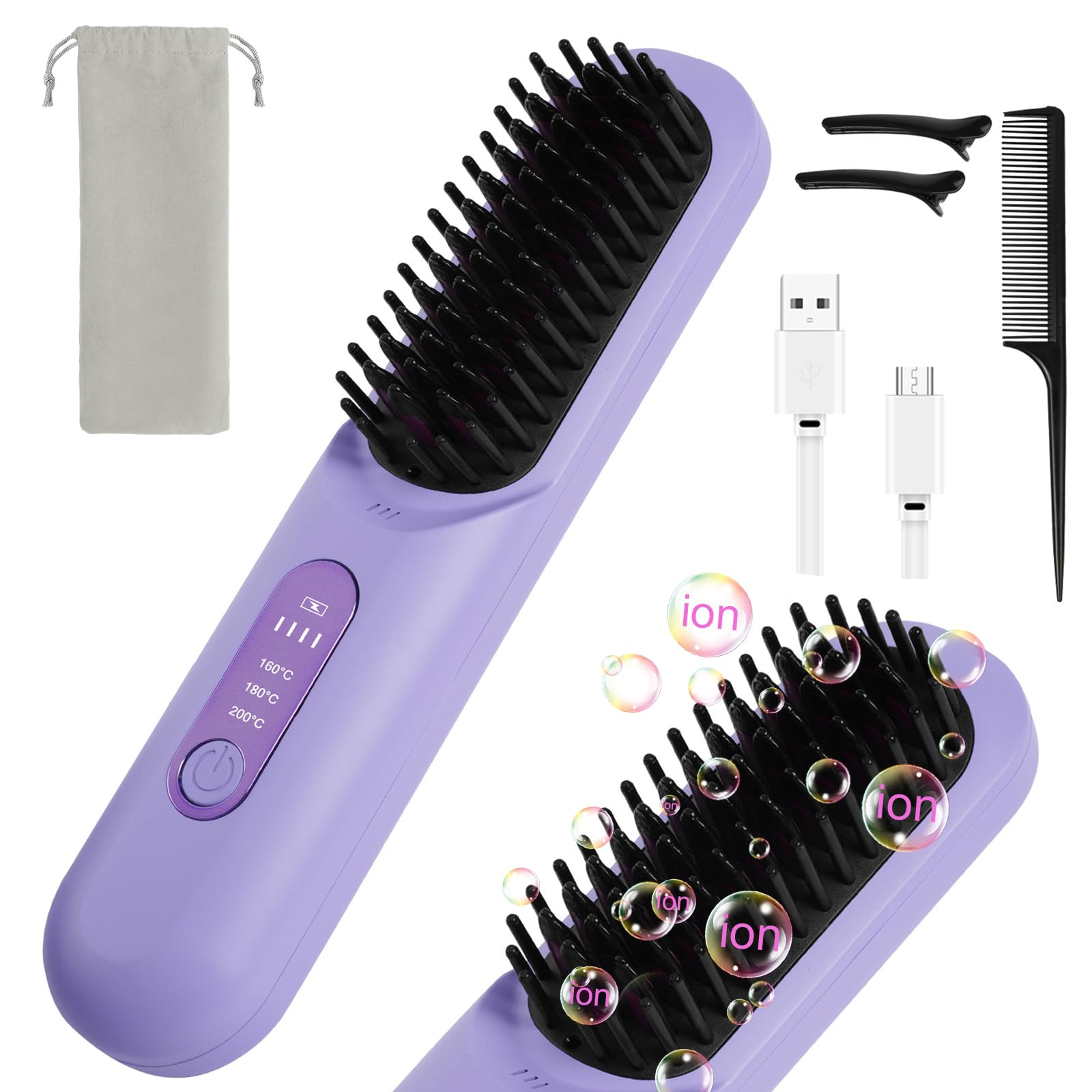 LOPHE Cordless Straightener Comb, 800M Negative Ion Straightening Brush with 3 Temperature Modes, Rechargeable Ceramic Smoothing Brush for Frizz-Free Hair (Violet)