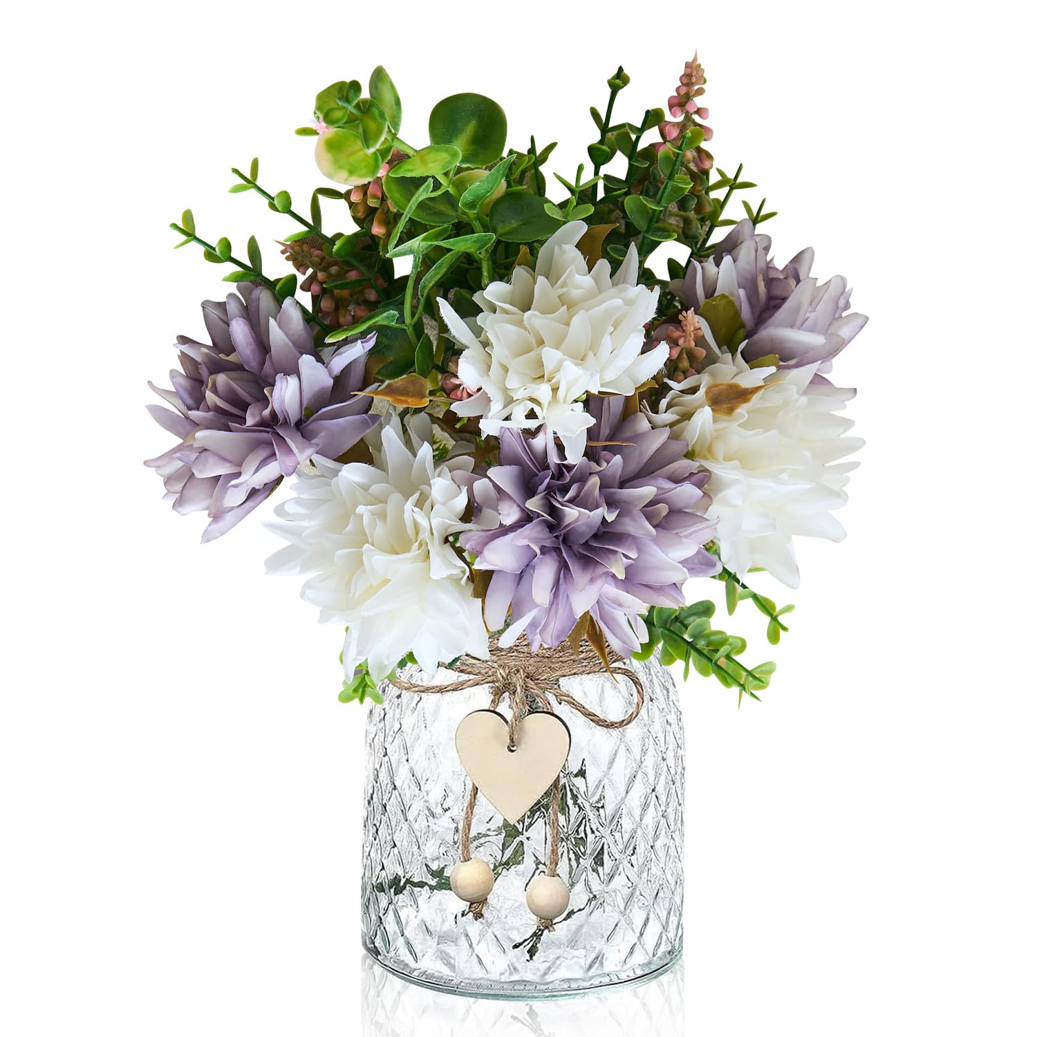 Duscdesp Artificial Flowers in Vase,Artificial White Rose Flowers Table Centrepiece Faux Flowers,Decorative Artificial Flowers with Vase Home Kitchen Office Coffee Decorations (Purple)