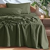SONORO KATE 100% French Pure Linen Queen Size Sheets, Breathable and Durable, 16 Inch Deep Pocket - 4 Piece (Olive Green)