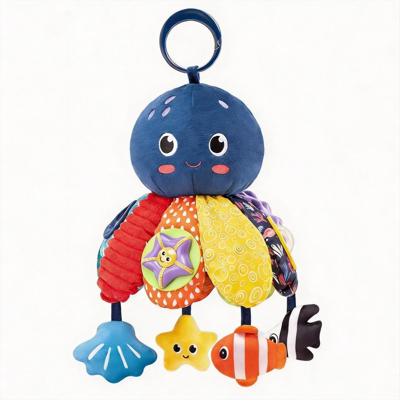 NIEBYI Car Seat Toy for Babies Months,Hanging Octopus Plush Sensory Toy,Stroller Toy with Mirror, Rattle & Teether for Months Baby Boy Girl Newborn Essential Gifts