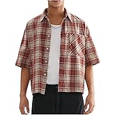 GORGLITTER Men's Gingham Cropped Shirt Plaid Button Up Short Sleeve Checkered Vintage Streetwear Crop Tops Tee