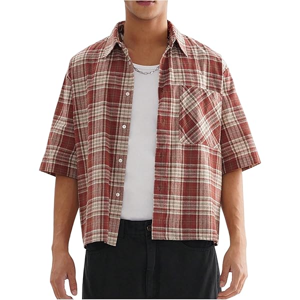 Amazon.com: GORGLITTER Men's Gingham Cropped Shirt Plaid Button Up