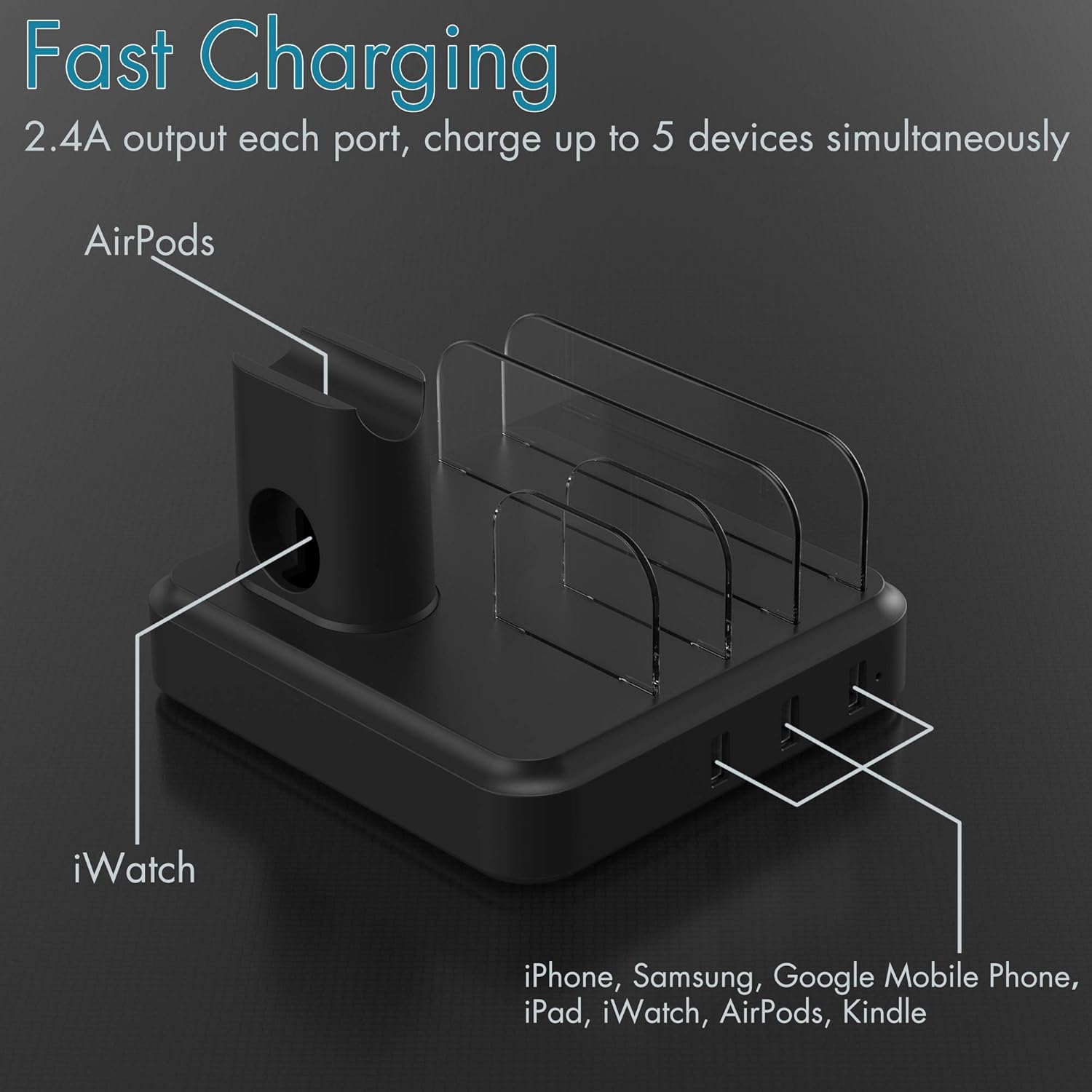 Charging Station for Multiple Devices, 5-Port Charger Organizer Dock with 4 Mixed Cables, USB Charging Station Compatible with iWatch, AirPods, Smart Phone(No Watch Charger): Electronics
