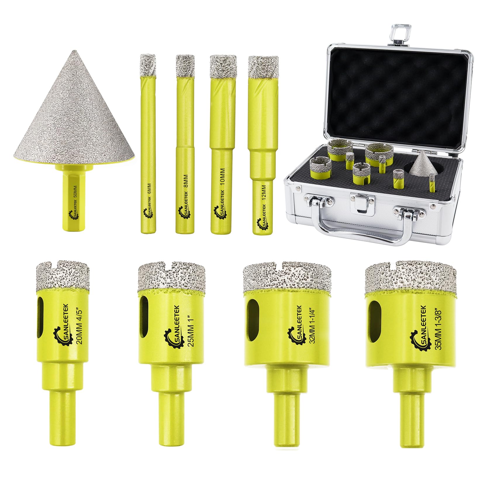 Diamond Core Drill Bits Set - 9pcs (6/8/10/12/20/25/32/35mm+50mm Hex Shank Beveling Chamfer Bit) Hole Saw Kit with Round Shank for Ceramic Porcelain Tile Marble Granite Quartz SANLEETEK