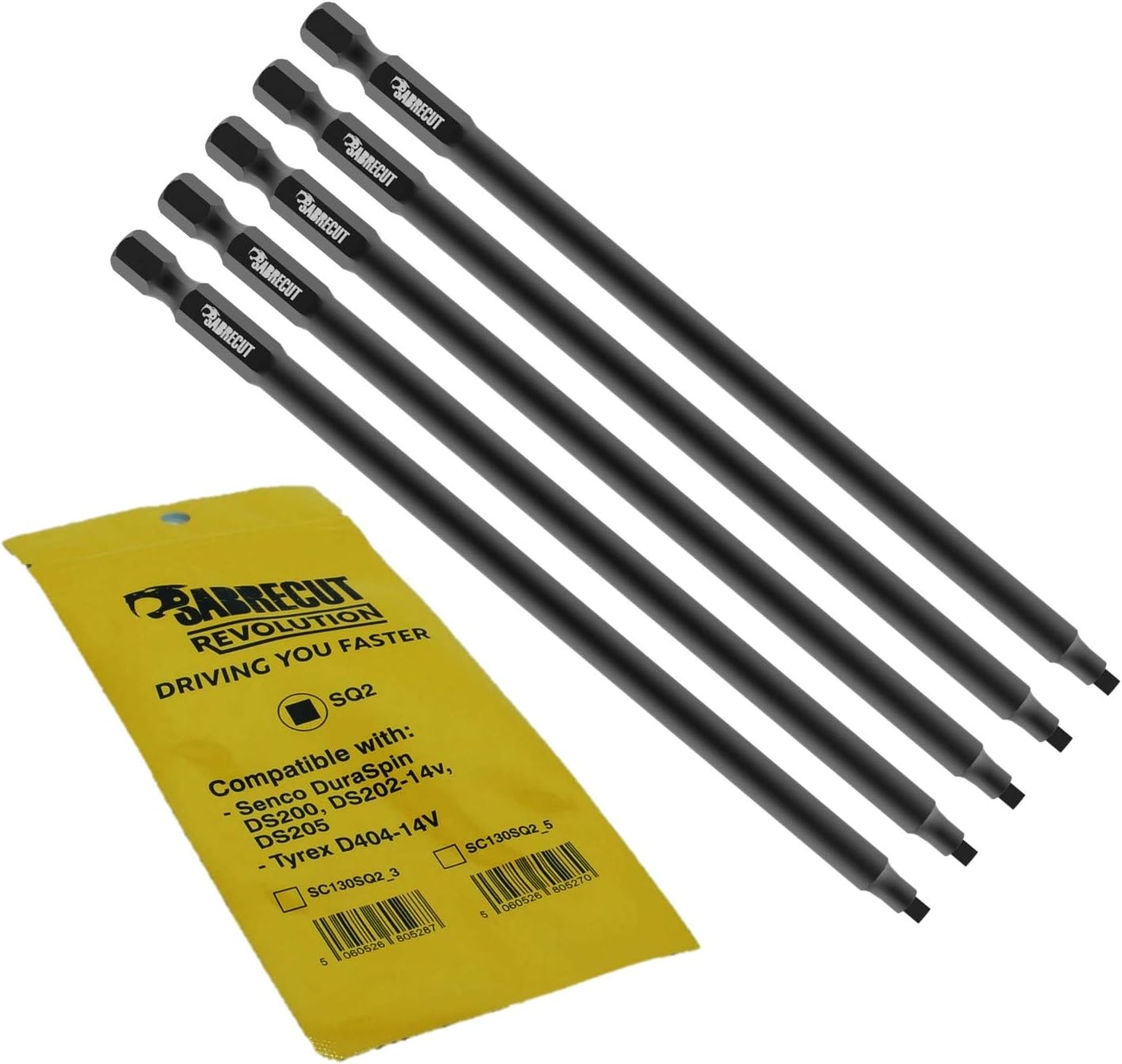5 x SabreCut SC130SQ2_5 130mm SQ2 Compatible with SENCO DuraSpin DS200 DS202 DS202-14v DS205 EA0123 and TYREX D404-14V Autofeed Collated Drywall Screwdriver Gun Bit Single Ended Square No.2 Heavy Duty