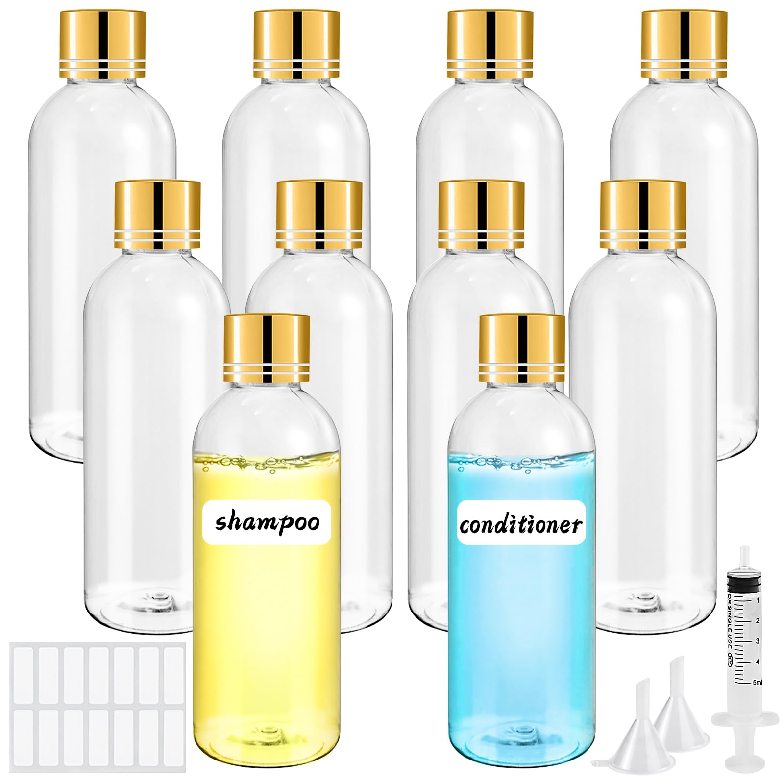Sheryl&Rain 10Pcs 100ml Travel Bottle for Toiletries, Plastic Bottles Empty, Refillable Transparent Travel Bottles with Syringe Funnels and Labels for Travel Toiletries Makeup, Screw Cover Cap