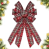 CHMOART Christmas Wreath Bow - 20 x 11 Inches Large Red Burlap Buffalo Plaid Craft Bow for Home & Front Door Decorations