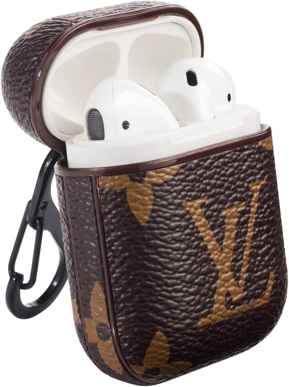 Fit for AirPods 1 & 2 Wireless Headphone Charging Cases,New Luxury Designer PU Leather Fashion Graphic Style Full Protective Case Cover for Apple Airpods with Hook Grips(Brown)