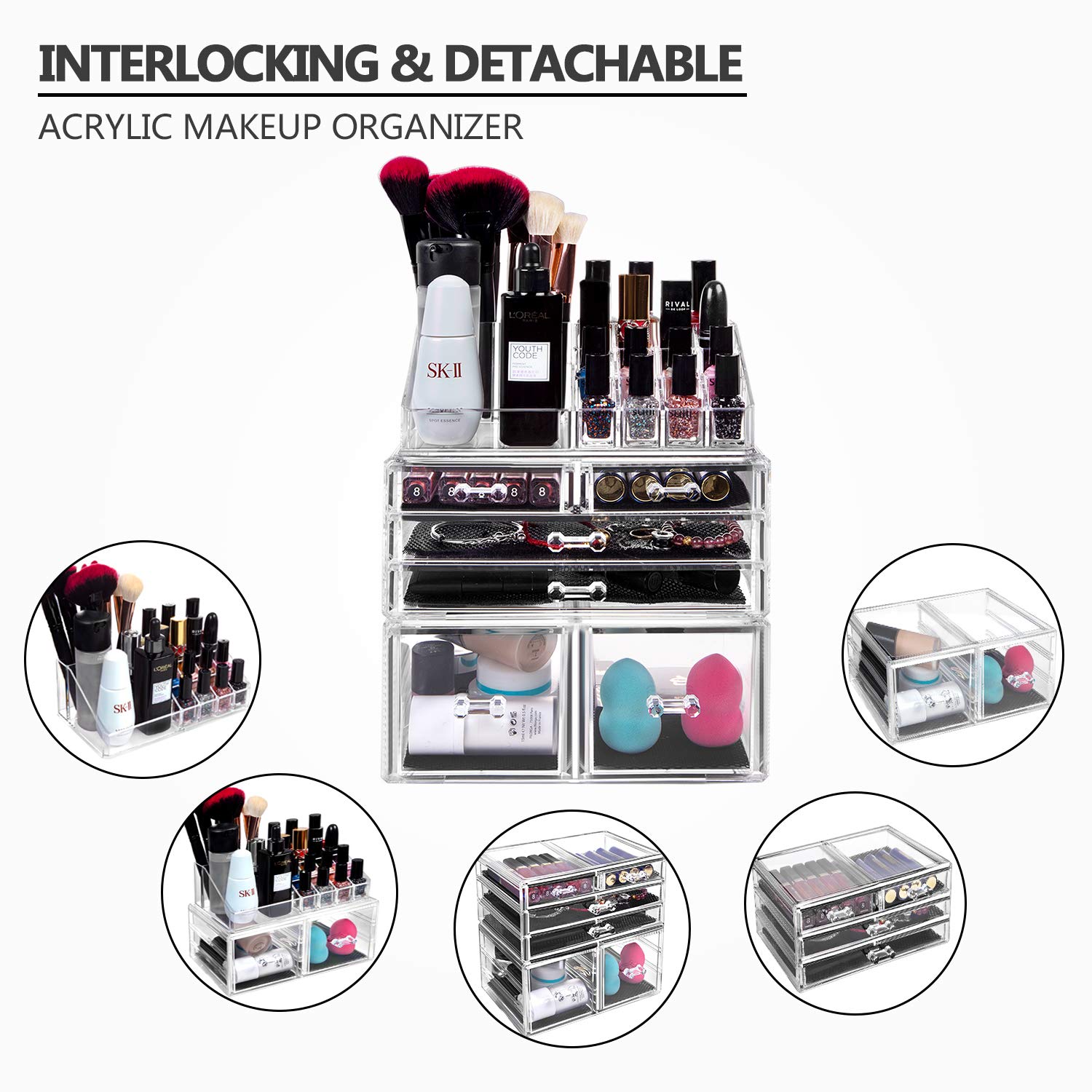 hblife Makeup Organizer 3 Pieces Acrylic Cosmetic Storage Drawers and Jewelry Display Box, Clear: Beauty