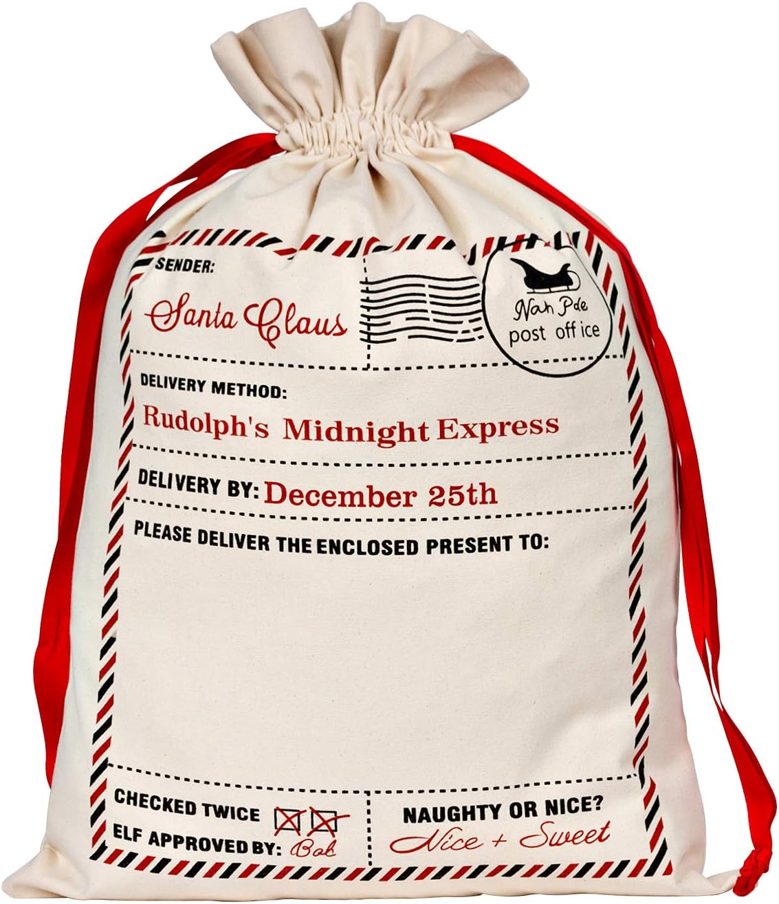 WeiVan Canvas Bag Red Drawstring Santa Sack Santa Label Stamp North Pole Address Large Bag 26x18inch