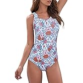 American Trends Modest Criss Cross Back One Piece Swimsuit Women Full Coverage Floral Print Long Torso Swim Suits
