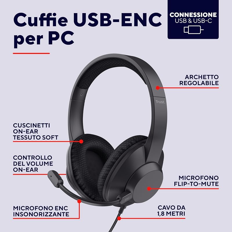 Ayda Max USB Cuffie con Microfono ENC Cancellazione del Rumore, Nero