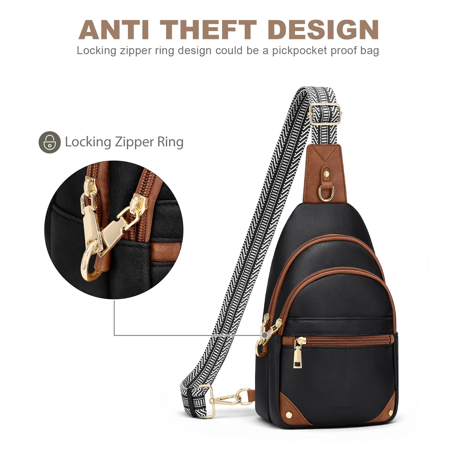 Anti Theft Crossbody Bags for Women, RFID Sling Bag Travel Purse, RFID Cross Body Purses Chest Bag for Travel Black Brown