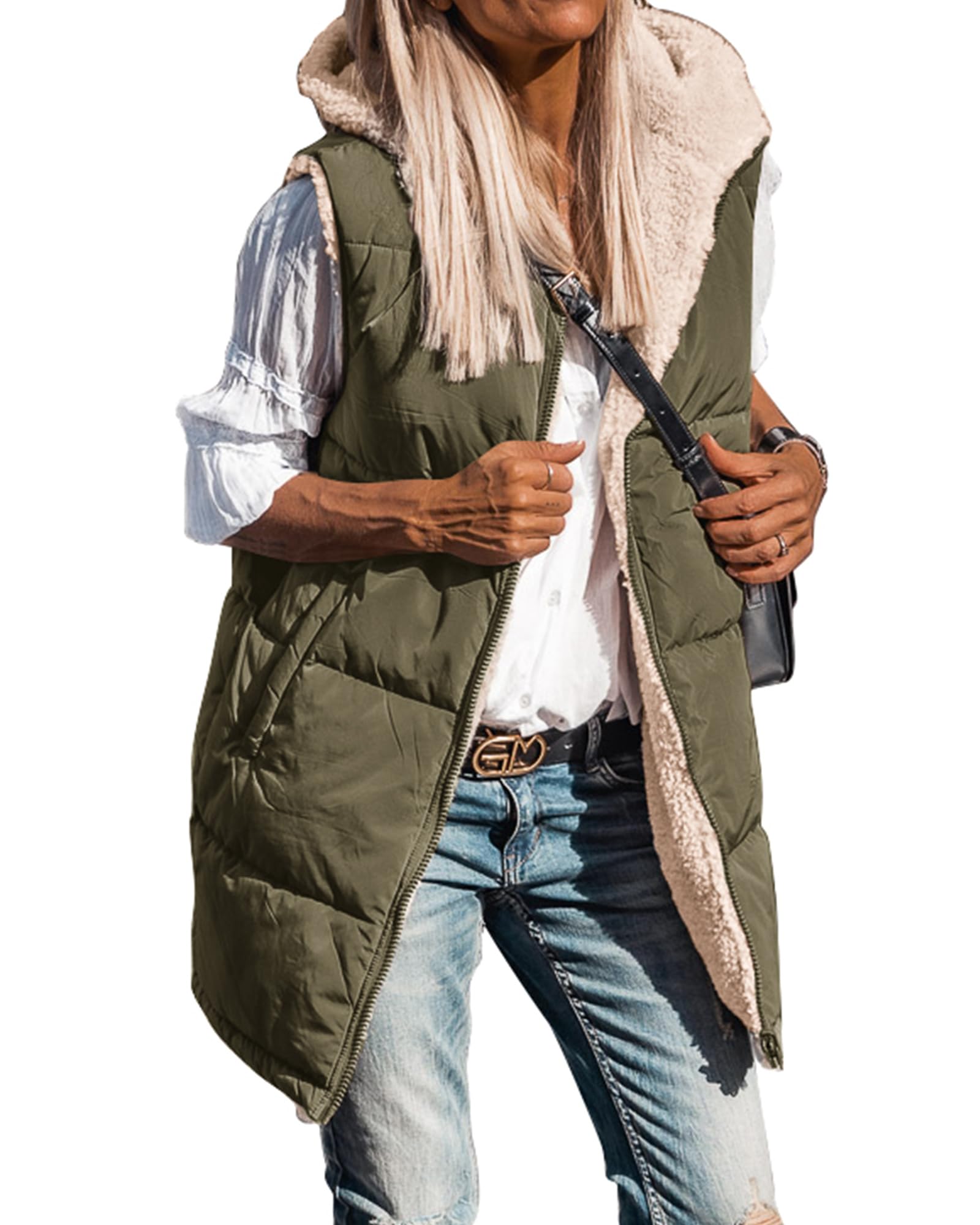 Photo 1 of Btfbm Long er Vest Women Fleece Sherpa Jacket Sleeveless Hooded Reversible Zip Up Winter Coat Fall Vests Outerwear(Army Green, X-Large)