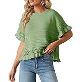 RPYHF Womens Summer Ruffled Short Sleeve Crochet Blouse Sweater Casual Round Neck Ruffle Knit Pullover Sweaters