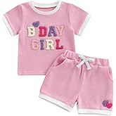 Babieshouse Baby Girl Birthday Outfits Waffle Short Sleeve Birthday Girl Shirt and Elastic Shorts Set Toddler Summer Clothes