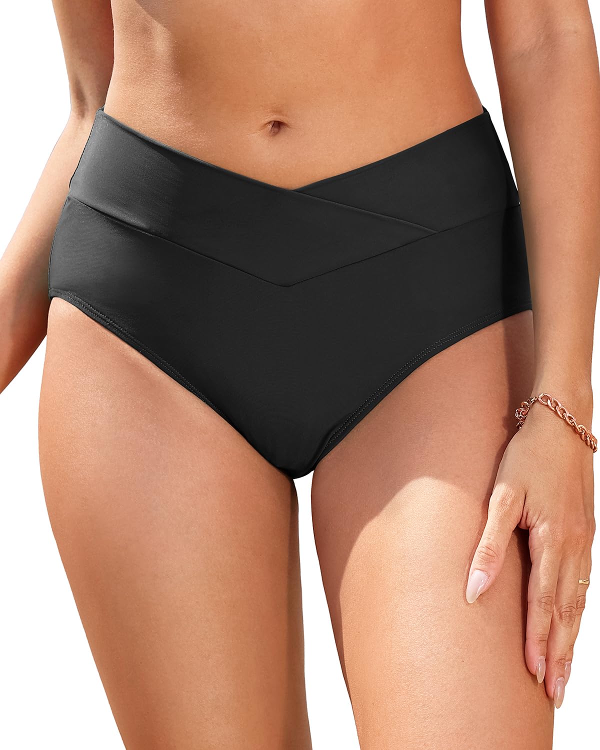 Photo 1 of Women V Cut Full Coverage Bikini Bottom - High Waist Swim Bathing Suit Bottoms Cross V Front Swimsuit Black S