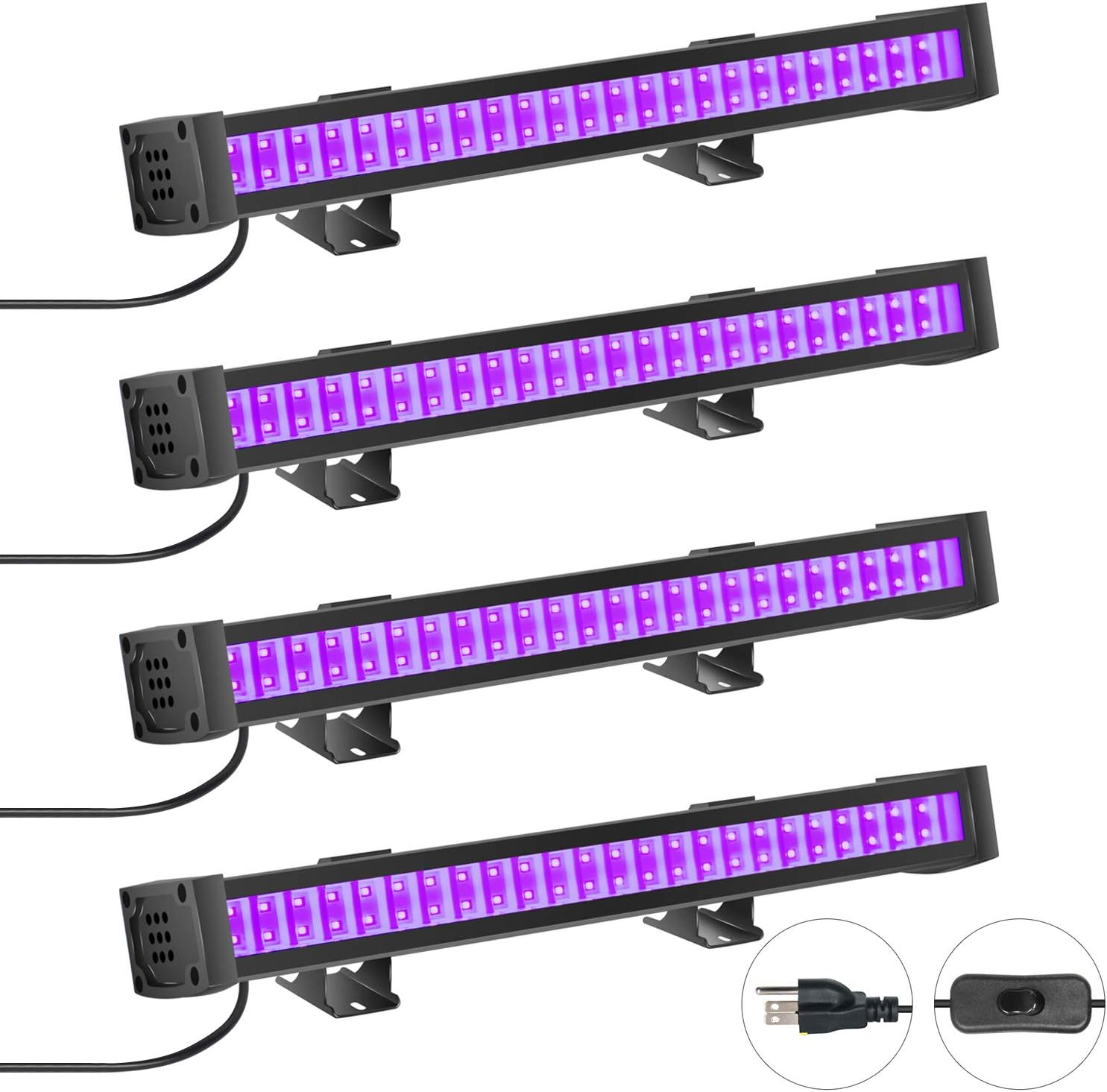 FAISHILAN 4 Pack UV LED Black Light, 24W Blacklight Bar with 5Ft US Plug & Switch, Glow in The Dark Party Supplies for Stage Lighting, Halloween, Body Paint, Fluorescent Poster