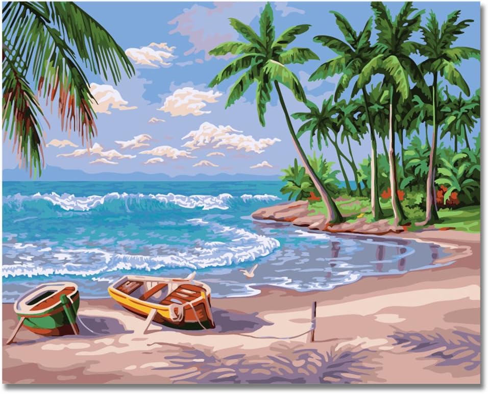 BOSHUN Paint by Numbers Kits with Brushes and Acrylic Pigment DIY Canvas Painting for Adults Beginner- Beach 16 x 20 inch(Without Frame)