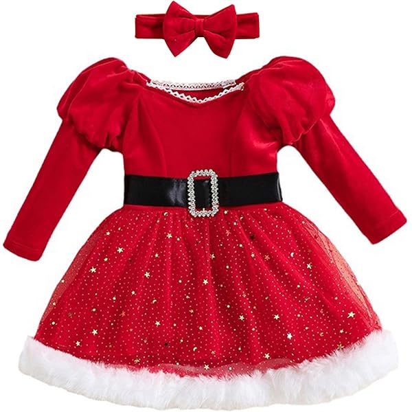 Vestido De Navidad Para Niña De Terciopelo Rojo, Disfraz De Papa Noel Bebé Con Manga Larga Y Cintura Ceñida, Incluye Diadema