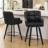 SAECKBERG 360&deg;Swivel Counter Height Bar Stools with Back, 26 inch Solid Wood Legs, Bar Stool Modern Kitchen Island Chairs, Faux Leather (Black- Faux Leather, 26" H- Set of 2)