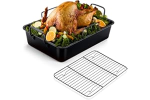 Nonstick Roasting Pan with Rack Set for Turkey Chicken, Joyfair Deep Rectangular Roaster Pan with Flat Rack & Removable V-rack, Heavy Duty Oven Lasagna Bakeware with Non-toxic Coating (Large)