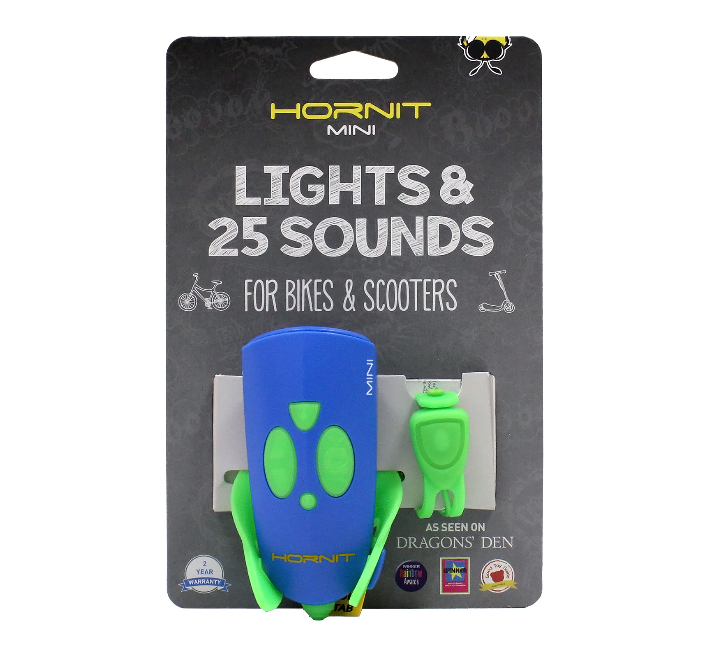 HORNIT MINI Bike Bell | Green/Blue | Bicycle Bell | Bike Horn | Kids Bike Bell | Scooter Accessories | Kids Bike Accessories | 25 Sound Effects/ 5 Lights