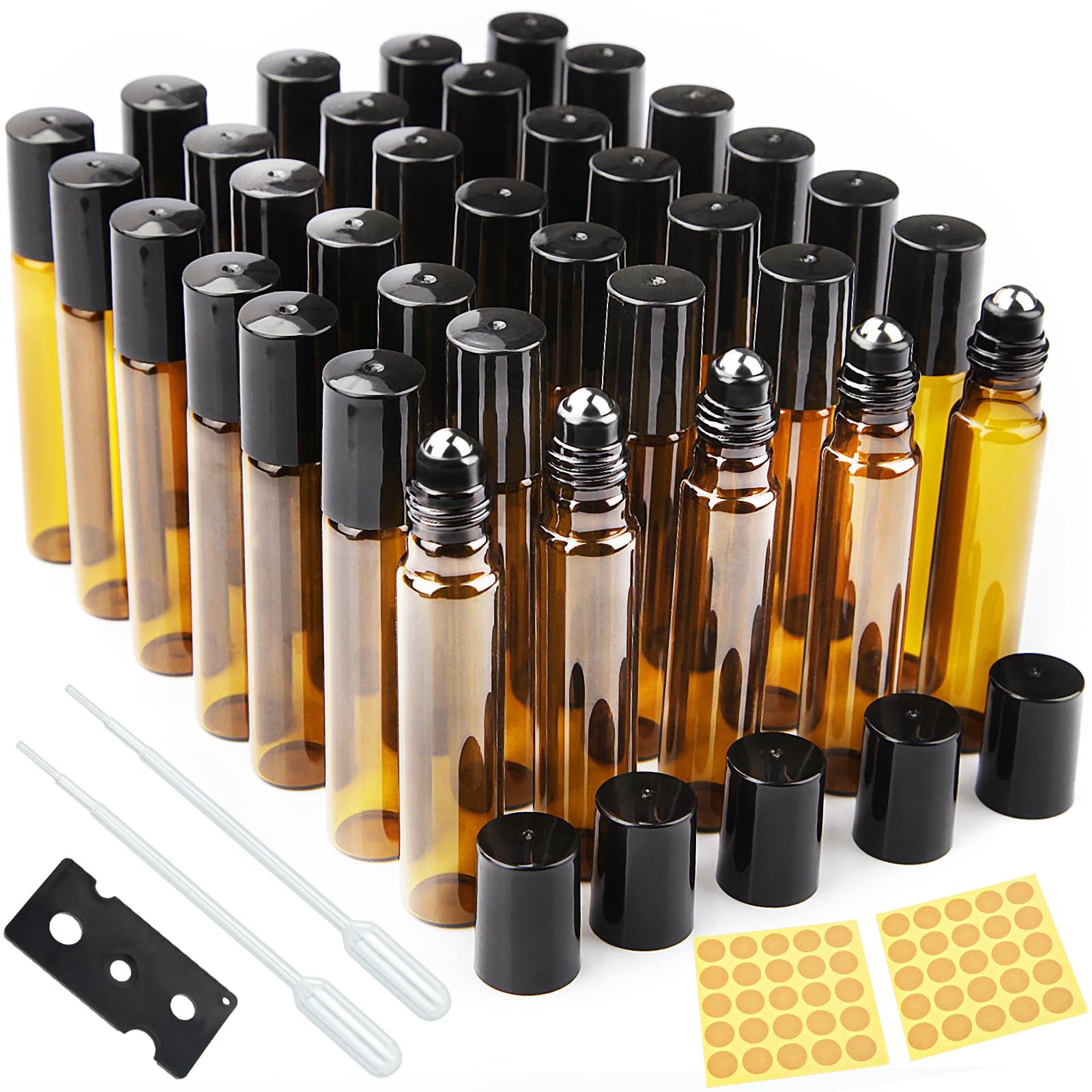 DKBT Essential Oil Roller Bottles 35Pcs 10ml Empty Rollerball Bottle Roll on Bottles with Stainless Steel Roller Balls Amber Glass Roller Bottles for Essential Oils,Perfumes,Aromatherapy Massage — image 1