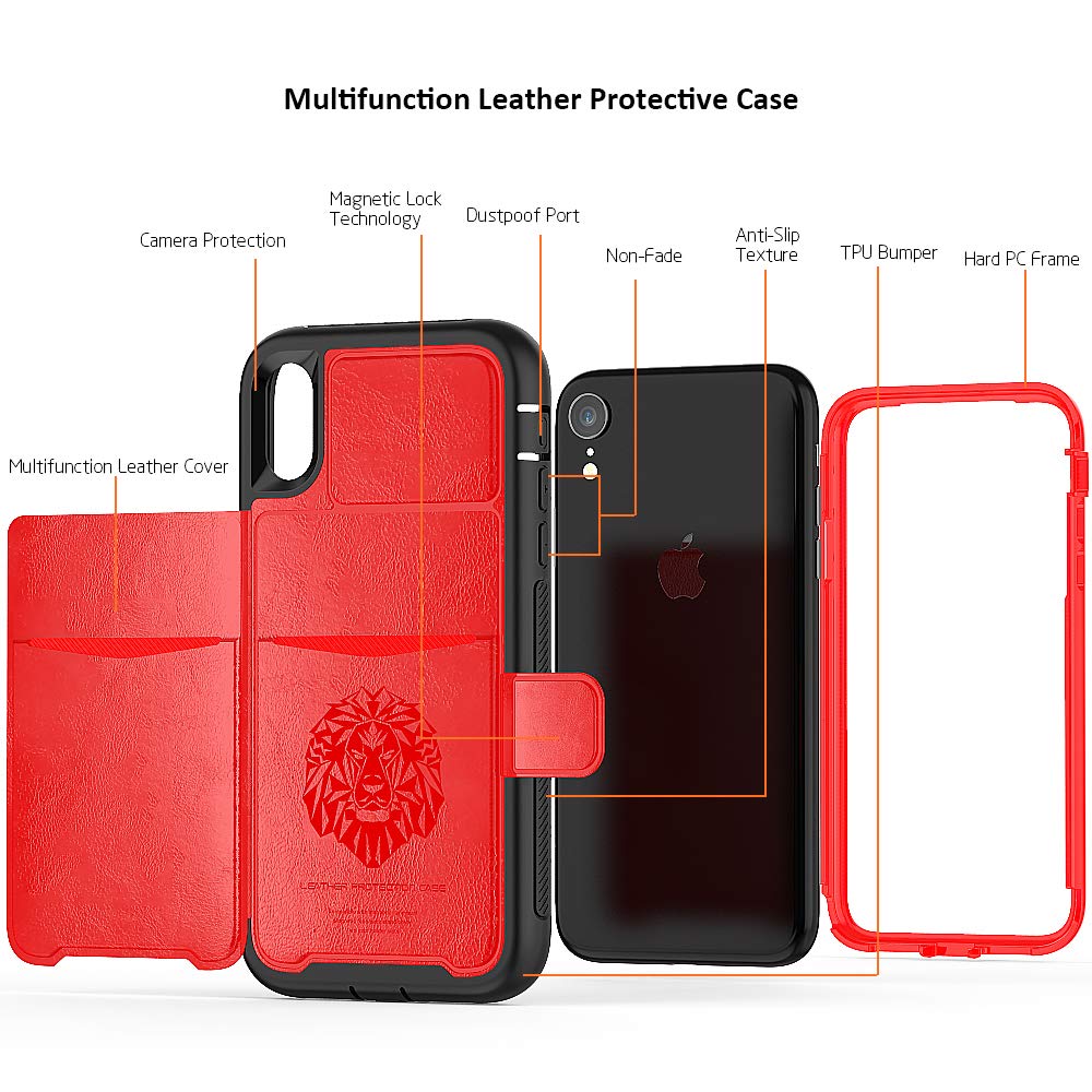 iPhone XR Case, Wallet Card Slots Holders Kickstand Flip Cover Bumper PU Leather TPU Rubber Hard Magnetic Slim Shockproof Durable Shockproof Protective Case Cover Competable with iPhone XR (Red)